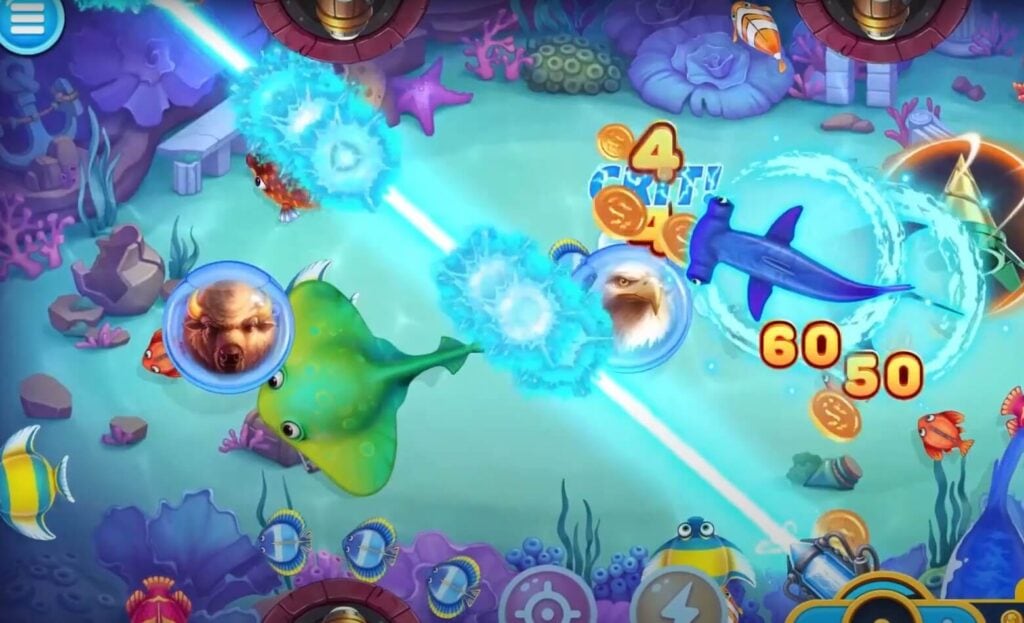 ภาพเกมยิงปลาของ Wasp แสดงเป้าหมายหลายแบบบนหน้าจอเกม